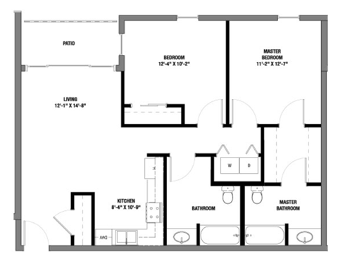 Floor plan for 2 beds, 2 baths, 949 sqft